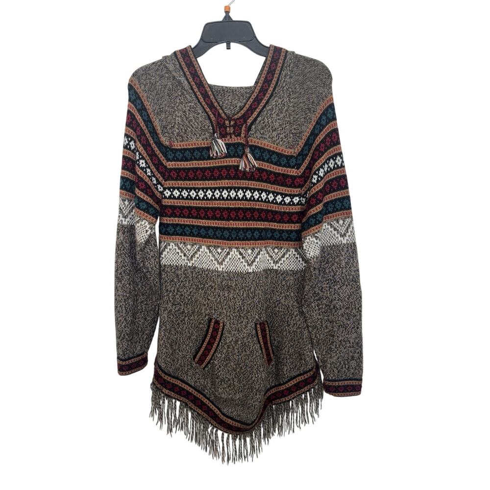 100% Alpaca Made in Peru Hooded Fringe Pullover Large Southwestern